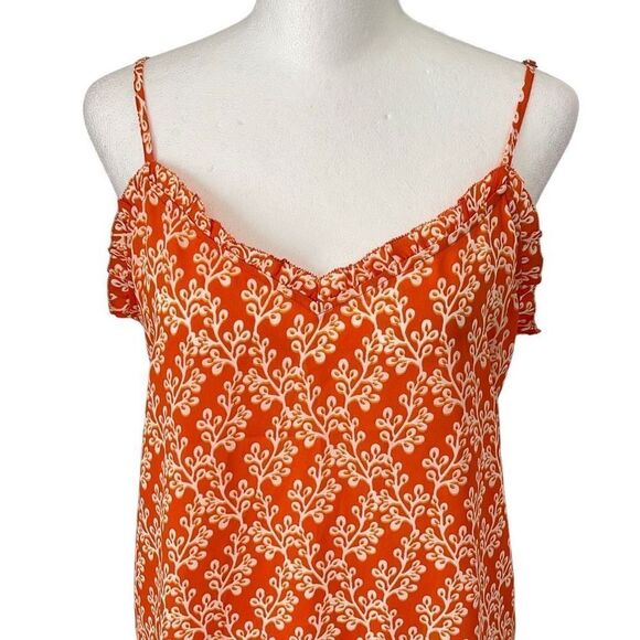 LOFT Tank Top Orange Pattern Ruffle Size Medium‎ Petite New - Picture 2 of 9